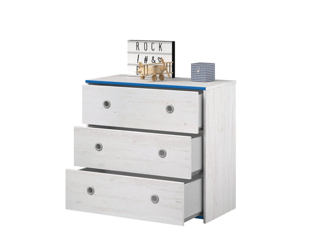 Parisot Smoozy 21 – 4-teiliges Kinderzimmer-Set mit Stauraumbett, Schrank & Kommode, Kiefer Weiß, Pink/Blau drehbar