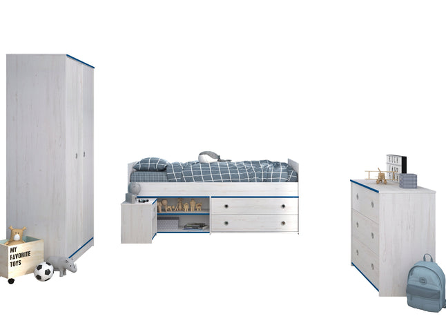 Parisot Smoozy 21 – 4-teiliges Kinderzimmer-Set mit Stauraumbett, Schrank & Kommode, Kiefer Weiß, Pink/Blau drehbar