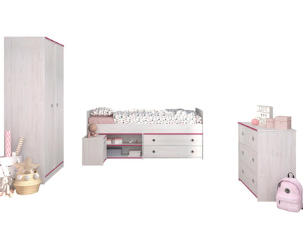 Parisot Smoozy 21 – 4-teiliges Kinderzimmer-Set mit Stauraumbett, Schrank & Kommode, Kiefer Weiß, Pink/Blau drehbar