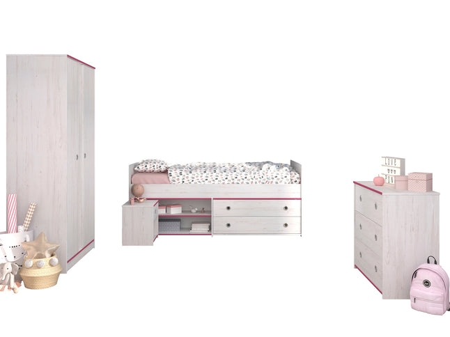 Parisot Smoozy 21 – 4-teiliges Kinderzimmer-Set mit Stauraumbett, Schrank & Kommode, Kiefer Weiß, Pink/Blau drehbar