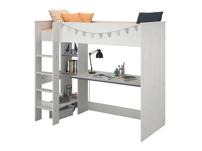 Parisot Hochbett Smoozy 3 – Kinderbett mit Schreibtisch & Regalen, Kiefer Weiß mit pink/blau drehbaren Kanten