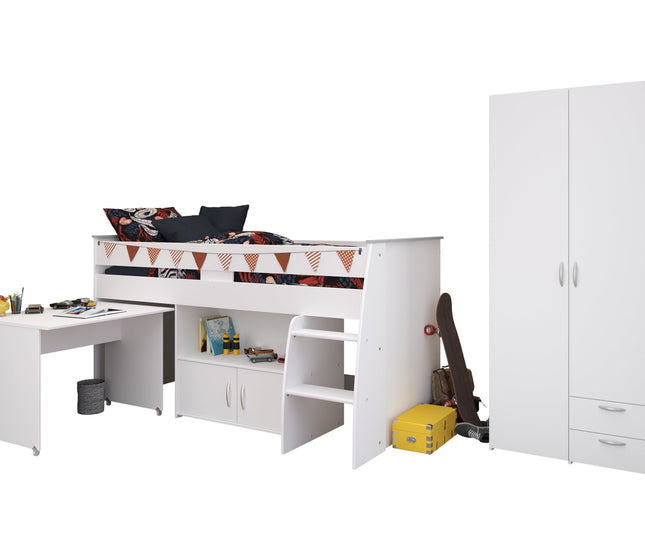 Parisot Kinderzimmer-Set Reverse 12 – 2-tlg. Hochbett mit Schreibtisch & Kleiderschrank, Weiß