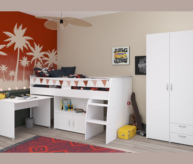 Parisot Kinderzimmer-Set Reverse 12 – 2-tlg. Hochbett mit Schreibtisch & Kleiderschrank, Weiß