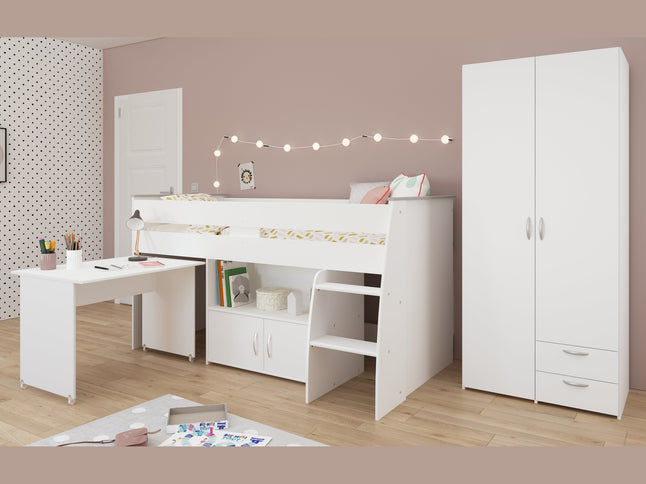 Parisot Kinderzimmer-Set Reverse 12 – 2-tlg. Hochbett mit Schreibtisch & Kleiderschrank, Weiß