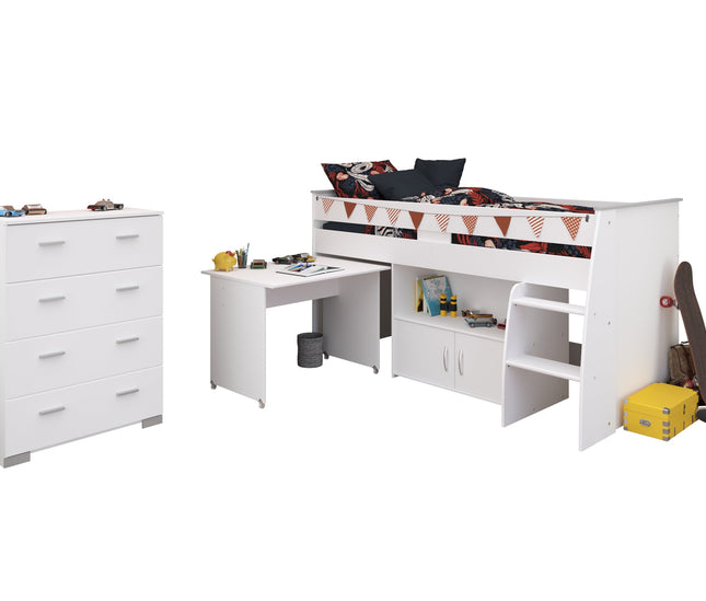 Parisot Kinderzimmer-Set Reverse 13 – 2-tlg. Hochbett mit Schreibtisch & Kommode, Weiß