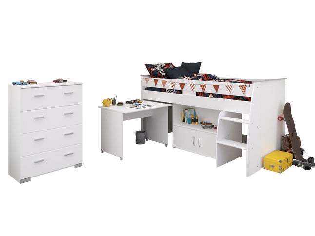 Parisot Kinderzimmer-Set Reverse 13 – 2-tlg. Hochbett mit Schreibtisch & Kommode, Weiß