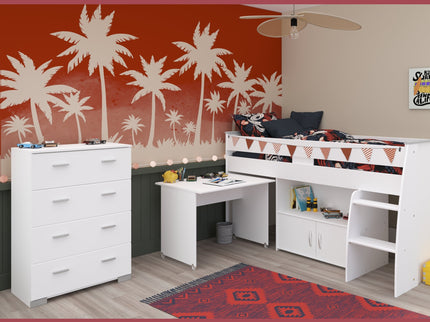 Parisot Kinderzimmer-Set Reverse 13 – 2-tlg. Hochbett mit Schreibtisch & Kommode, Weiß