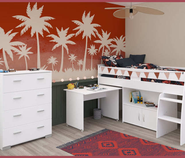 Parisot Kinderzimmer-Set Reverse 13 – 2-tlg. Hochbett mit Schreibtisch & Kommode, Weiß