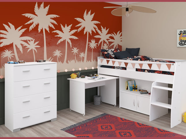 Parisot Kinderzimmer-Set Reverse 13 – 2-tlg. Hochbett mit Schreibtisch & Kommode, Weiß