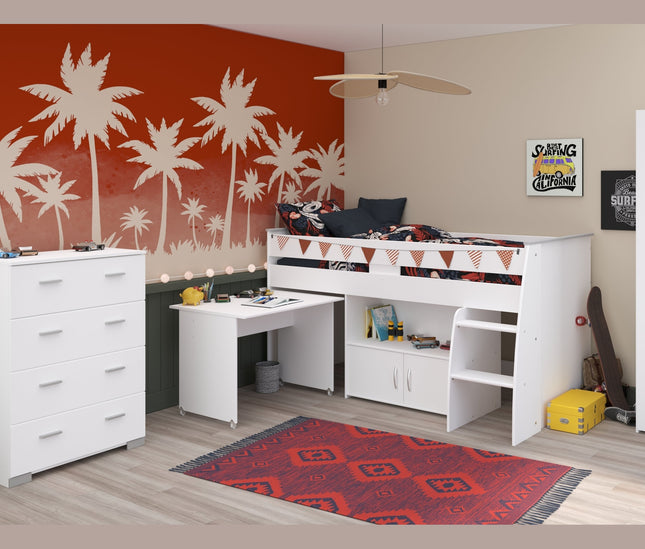 Parisot Kinderzimmer-Set Reverse 11 – 3-tlg. Hochbett mit Schreibtisch, Kleiderschrank & Kommode Weiß