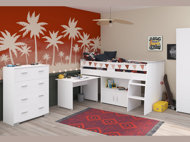 Parisot Kinderzimmer-Set Reverse 11 – 3-tlg. Hochbett mit Schreibtisch, Kleiderschrank & Kommode Weiß
