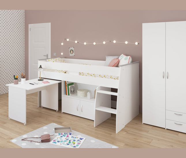 Parisot Kinderzimmer-Set Reverse 11 – 3-tlg. Hochbett mit Schreibtisch, Kleiderschrank & Kommode Weiß