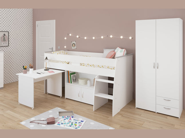 Parisot Kinderzimmer-Set Reverse 11 – 3-tlg. Hochbett mit Schreibtisch, Kleiderschrank & Kommode Weiß