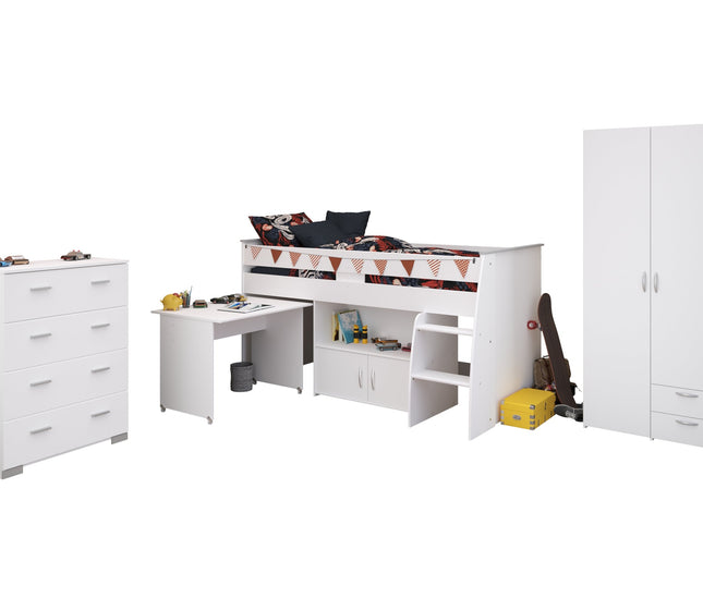 Parisot Kinderzimmer-Set Reverse 11 – 3-tlg. Hochbett mit Schreibtisch, Kleiderschrank & Kommode Weiß