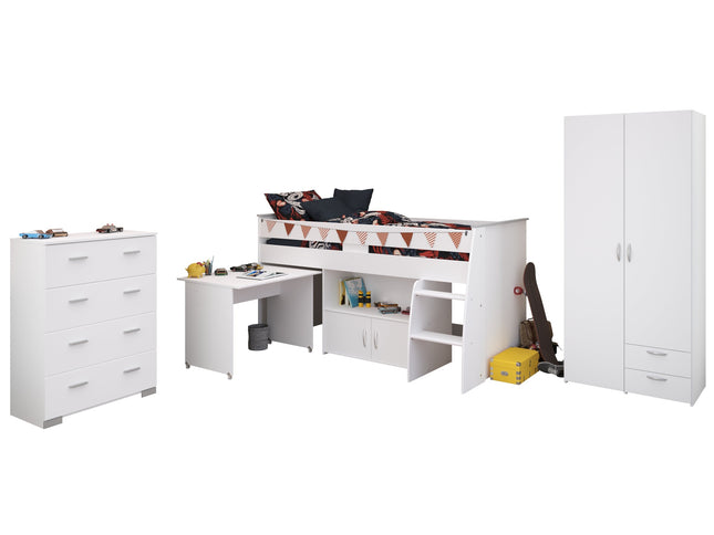 Parisot Kinderzimmer-Set Reverse 11 – 3-tlg. Hochbett mit Schreibtisch, Kleiderschrank & Kommode Weiß