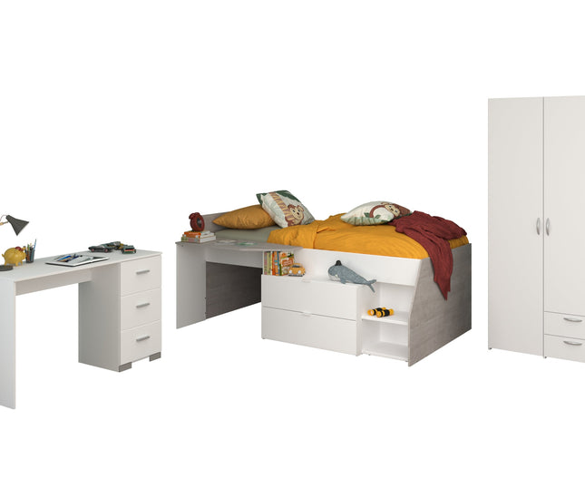 Parisot Kinderzimmer-Set Milky 13 – 3-tlg. Hochbett mit Schrank & Schreibtisch in Weiß/Grey Loft