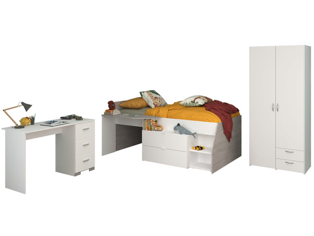 Parisot Kinderzimmer-Set Milky 13 – 3-tlg. Hochbett mit Schrank & Schreibtisch in Weiß/Grey Loft