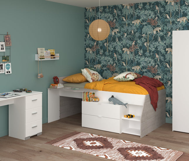 Parisot Kinderzimmer-Set Milky 13 – 3-tlg. Hochbett mit Schrank & Schreibtisch in Weiß/Grey Loft