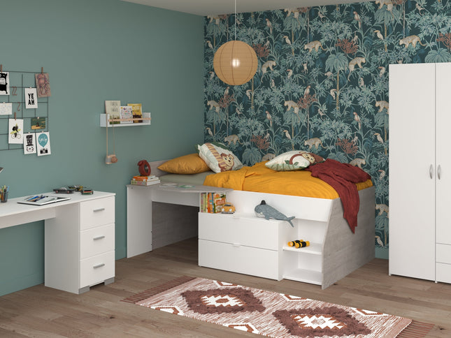 Parisot Kinderzimmer-Set Milky 13 – 3-tlg. Hochbett mit Schrank & Schreibtisch in Weiß/Grey Loft