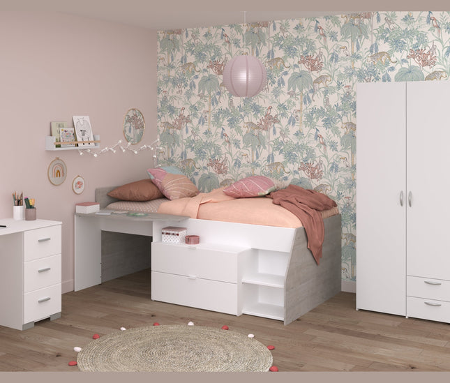 Parisot Kinderzimmer-Set Milky 13 – 3-tlg. Hochbett mit Schrank & Schreibtisch in Weiß/Grey Loft