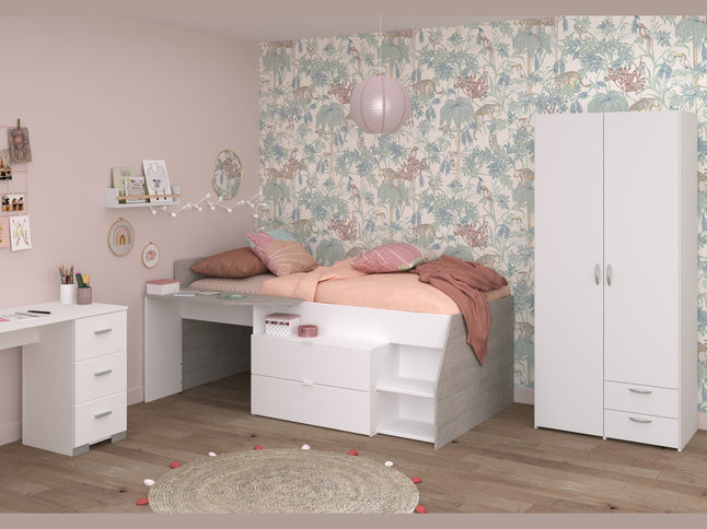 Parisot Kinderzimmer-Set Milky 13 – 3-tlg. Hochbett mit Schrank & Schreibtisch in Weiß/Grey Loft
