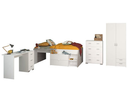 Parisot Kinderzimmer-Set Milky 11 – 4-tlg. Hochbett mit Schrank, Schreibtisch & Kommode in Weiß/Grey Loft