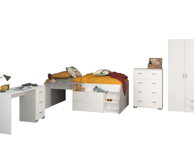 Parisot Kinderzimmer-Set Milky 11 – 4-tlg. Hochbett mit Schrank, Schreibtisch & Kommode in Weiß/Grey Loft