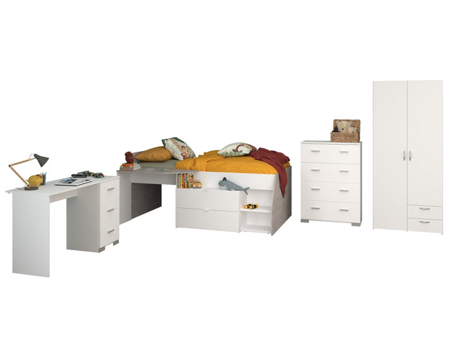 Parisot Kinderzimmer-Set Milky 11 – 4-tlg. Hochbett mit Schrank, Schreibtisch & Kommode in Weiß/Grey Loft