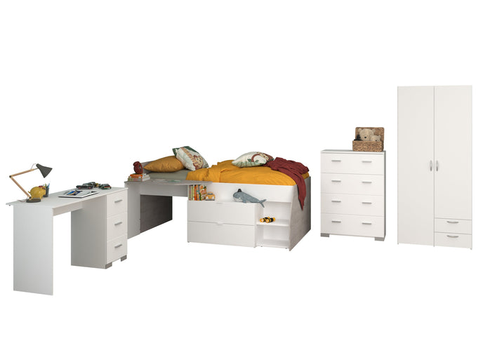 Parisot Kinderzimmer-Set Milky 11 – 4-tlg. Hochbett mit Schrank, Schreibtisch & Kommode in Weiß/Grey Loft