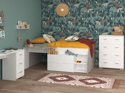 Parisot Kinderzimmer-Set Milky 11 – 4-tlg. Hochbett mit Schrank, Schreibtisch & Kommode in Weiß/Grey Loft