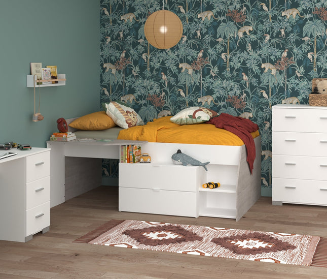 Parisot Kinderzimmer-Set Milky 11 – 4-tlg. Hochbett mit Schrank, Schreibtisch & Kommode in Weiß/Grey Loft