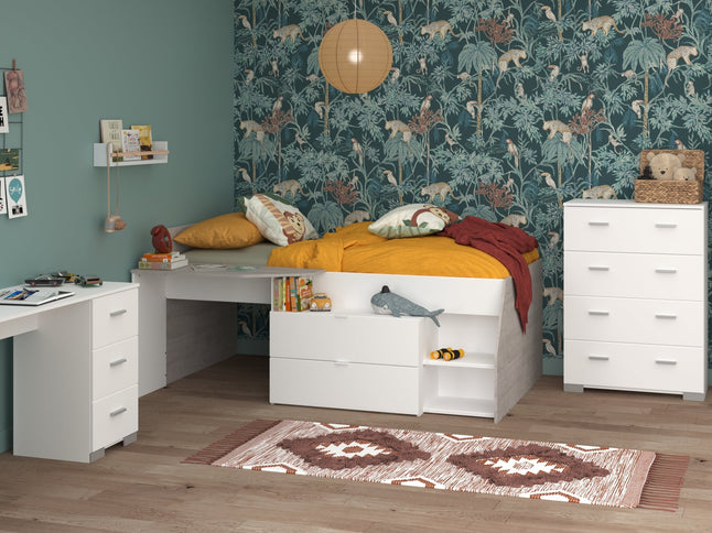 Parisot Kinderzimmer-Set Milky 11 – 4-tlg. Hochbett mit Schrank, Schreibtisch & Kommode in Weiß/Grey Loft
