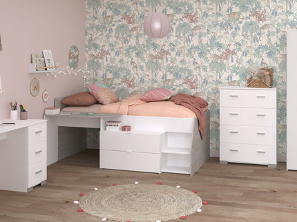 Parisot Kinderzimmer-Set Milky 11 – 4-tlg. Hochbett mit Schrank, Schreibtisch & Kommode in Weiß/Grey Loft