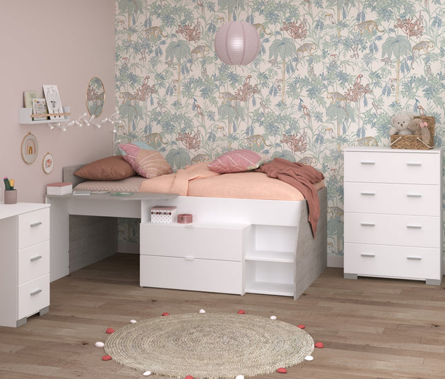 Parisot Kinderzimmer-Set Milky 11 – 4-tlg. Hochbett mit Schrank, Schreibtisch & Kommode in Weiß/Grey Loft