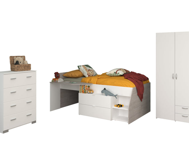 Parisot Kinderzimmer-Set Milky 12 – 3-tlg. Hochbett mit Schrank & Kommode in Weiß/Grey Loft