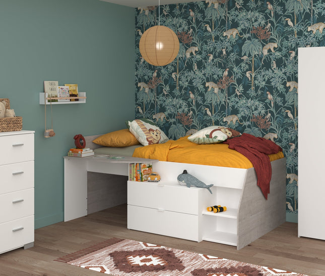 Parisot Kinderzimmer-Set Milky 12 – 3-tlg. Hochbett mit Schrank & Kommode in Weiß/Grey Loft