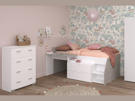 Parisot Kinderzimmer-Set Milky 12 – 3-tlg. Hochbett mit Schrank & Kommode in Weiß/Grey Loft