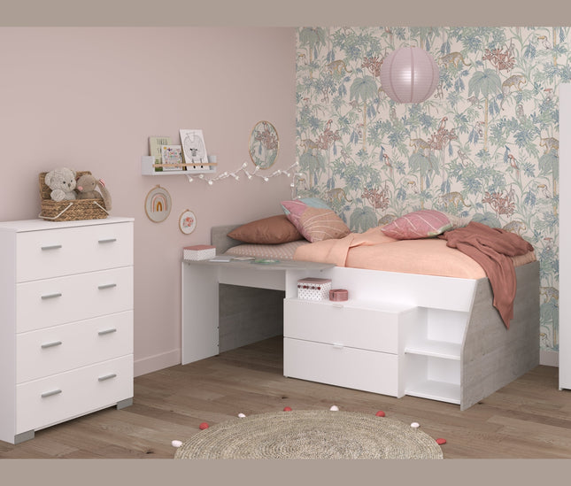Parisot Kinderzimmer-Set Milky 12 – 3-tlg. Hochbett mit Schrank & Kommode in Weiß/Grey Loft