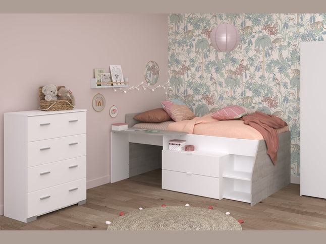 Parisot Kinderzimmer-Set Milky 12 – 3-tlg. Hochbett mit Schrank & Kommode in Weiß/Grey Loft