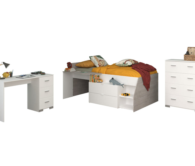 Parisot Kinderzimmer-Set Milky 15 – 3-tlg. Hochbett mit Schreibtisch & Kommode in Weiß/Grey Loft