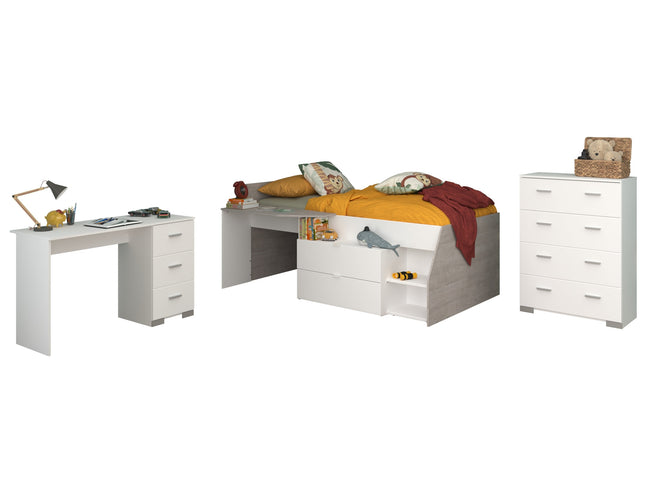Parisot Kinderzimmer-Set Milky 15 – 3-tlg. Hochbett mit Schreibtisch & Kommode in Weiß/Grey Loft
