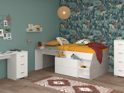 Parisot Kinderzimmer-Set Milky 15 – 3-tlg. Hochbett mit Schreibtisch & Kommode in Weiß/Grey Loft