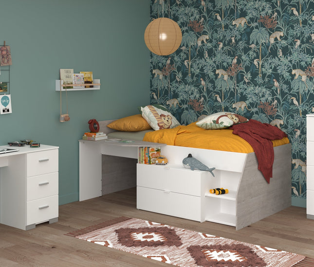 Parisot Kinderzimmer-Set Milky 15 – 3-tlg. Hochbett mit Schreibtisch & Kommode in Weiß/Grey Loft