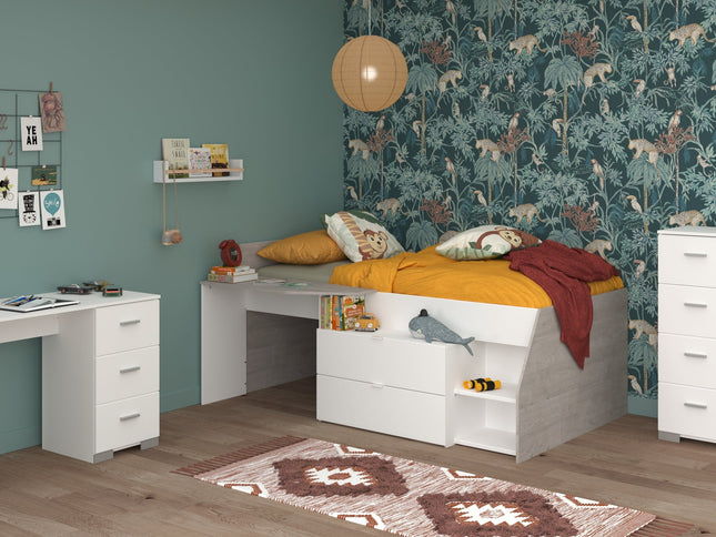 Parisot Kinderzimmer-Set Milky 15 – 3-tlg. Hochbett mit Schreibtisch & Kommode in Weiß/Grey Loft