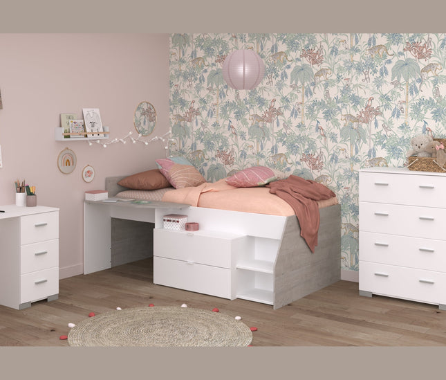 Parisot Kinderzimmer-Set Milky 15 – 3-tlg. Hochbett mit Schreibtisch & Kommode in Weiß/Grey Loft