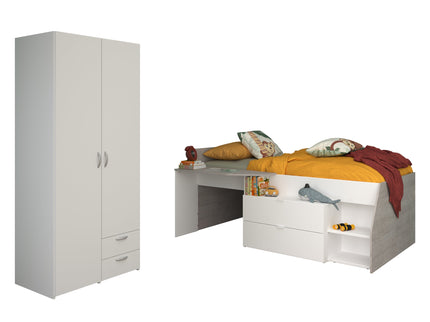 Parisot Kinderzimmer-Set Milky 14 – 2-tlg. Hochbett mit Schrank in Weiß/Grey Loft
