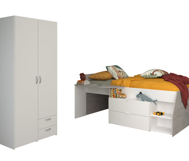 Parisot Kinderzimmer-Set Milky 14 – 2-tlg. Hochbett mit Schrank in Weiß/Grey Loft