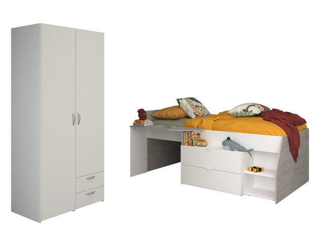 Parisot Kinderzimmer-Set Milky 14 – 2-tlg. Hochbett mit Schrank in Weiß/Grey Loft