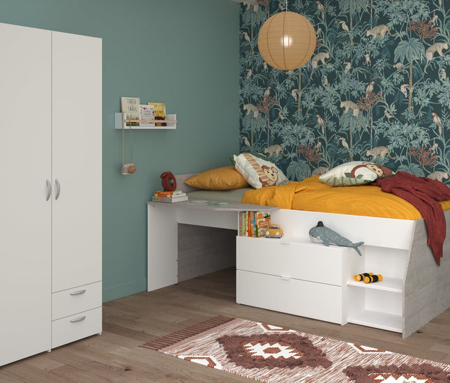 Parisot Kinderzimmer-Set Milky 14 – 2-tlg. Hochbett mit Schrank in Weiß/Grey Loft