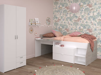 Parisot Kinderzimmer-Set Milky 14 – 2-tlg. Hochbett mit Schrank in Weiß/Grey Loft